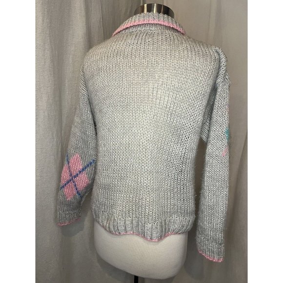 EVIAN II Knitted by Hand Women's Sweater Size M Long Sleeve Collar Grey/Pink - Picture 5 of 13
